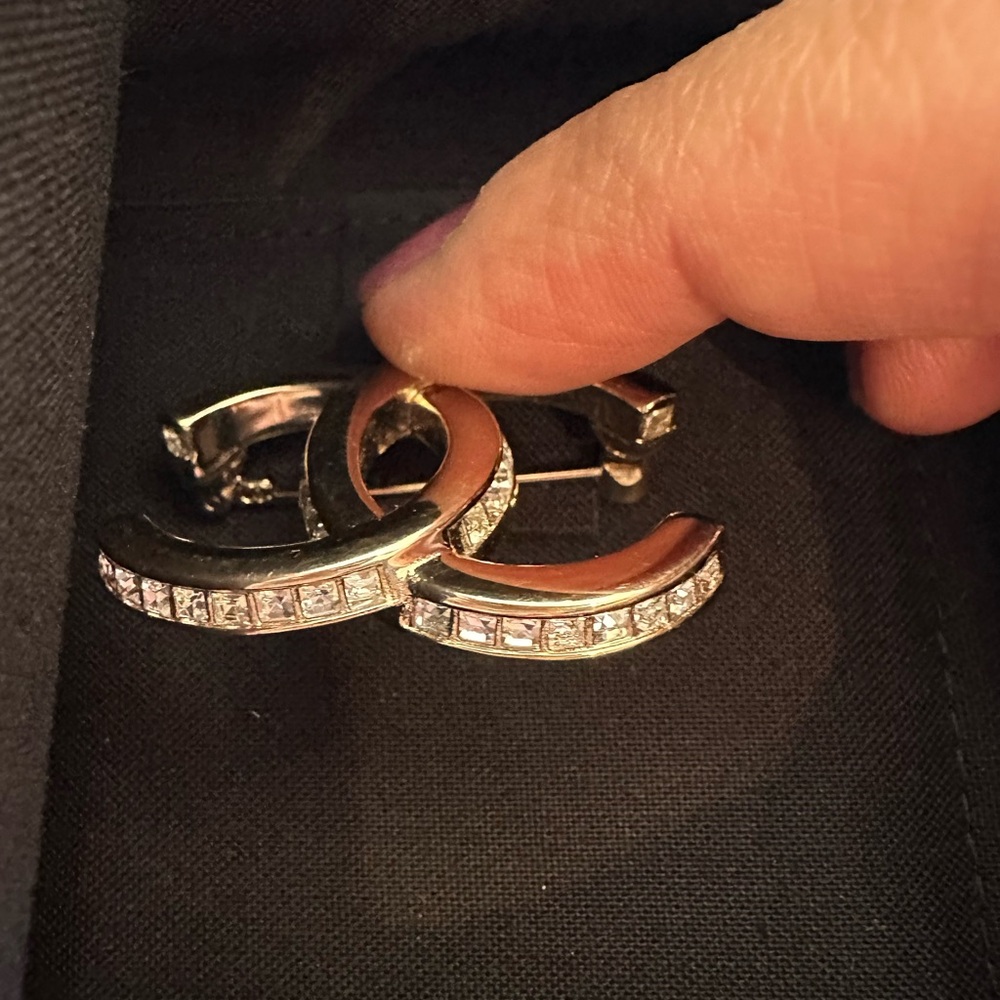 Chanel Silver Crystal Logo Brooch - Picture 6 of 11